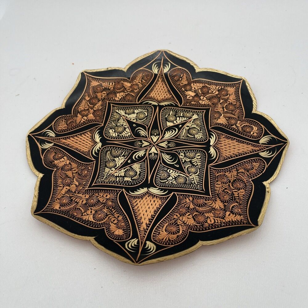 Vtg Ornate Etched Copper Decorative Wall Plate 7.5" Turkish Style Floral Design